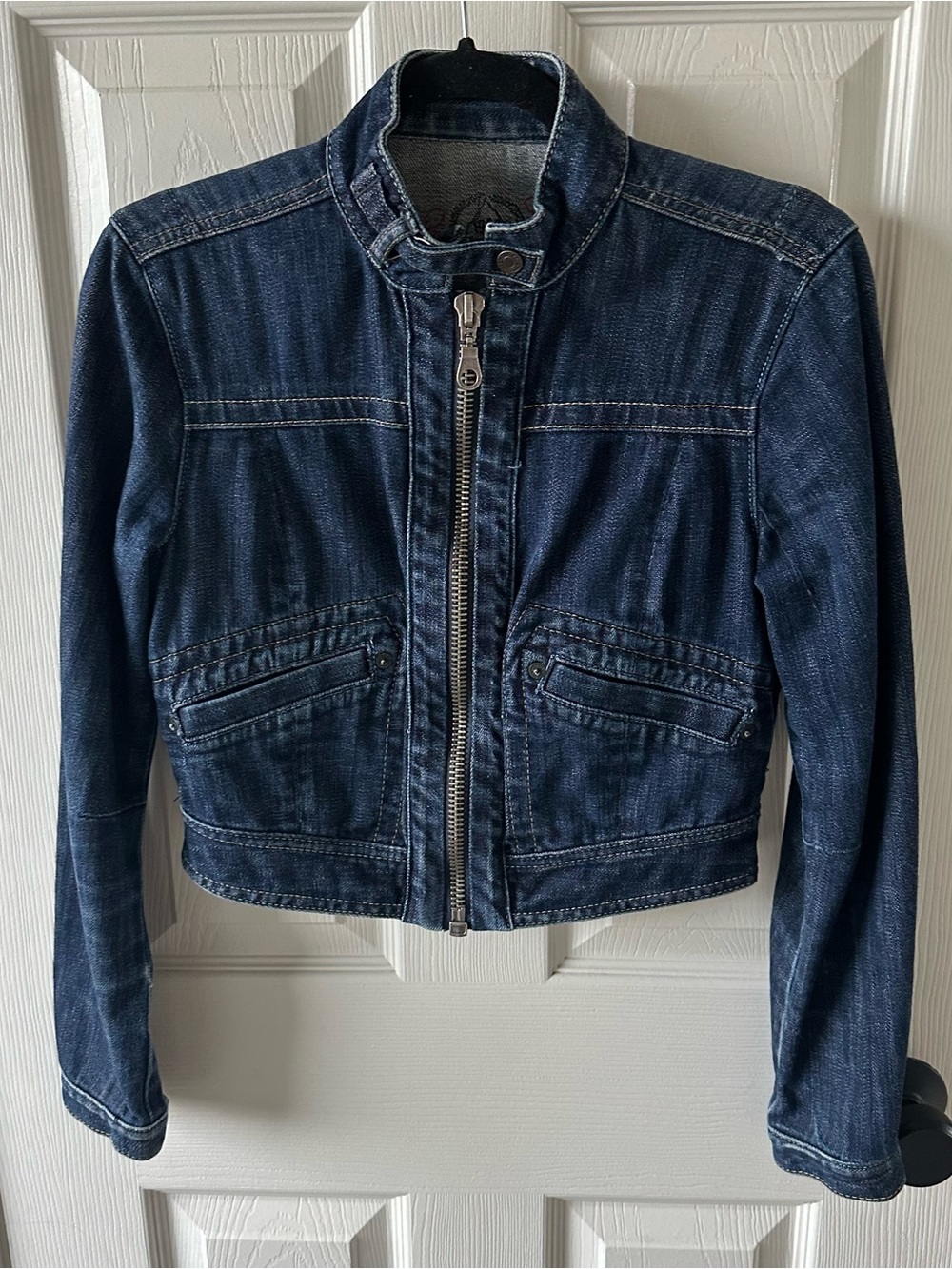 Y2K Vintage Gap Cropped Denim Zip-Front Moto Jacket - Dark Blue